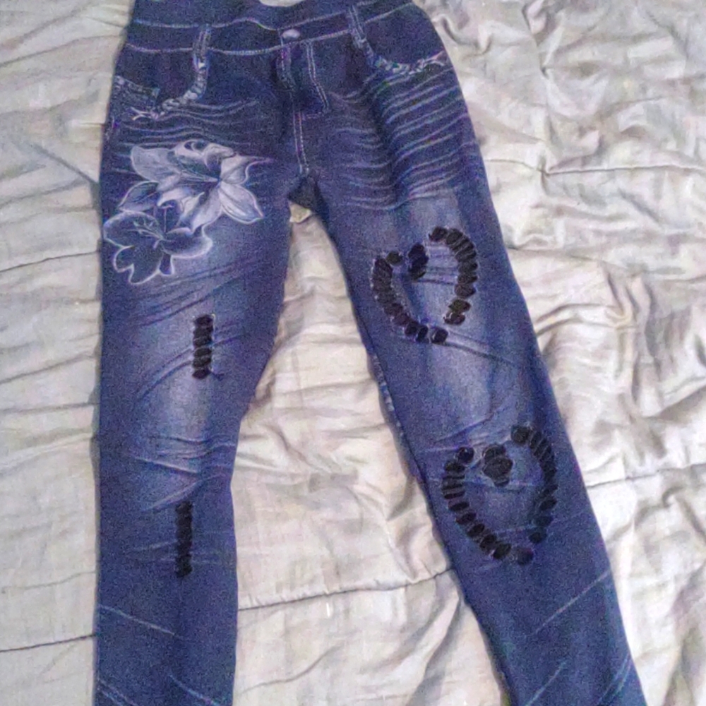 Stretchy blue jean with flowers and heart and line prints